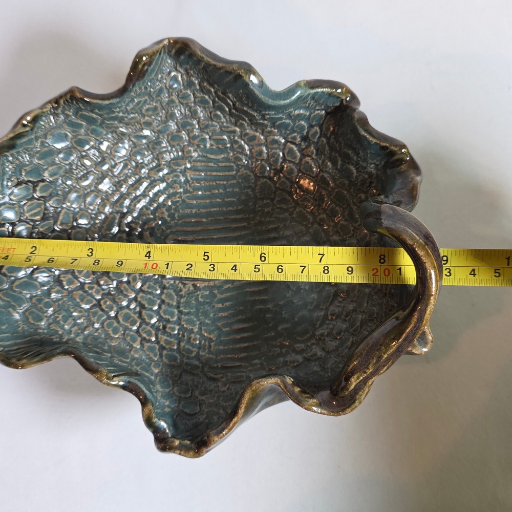 Handmade Studio Pottery Teal Brown Textured Pedestal Handle Bowl Artisan Signed - Picture 4 of 10